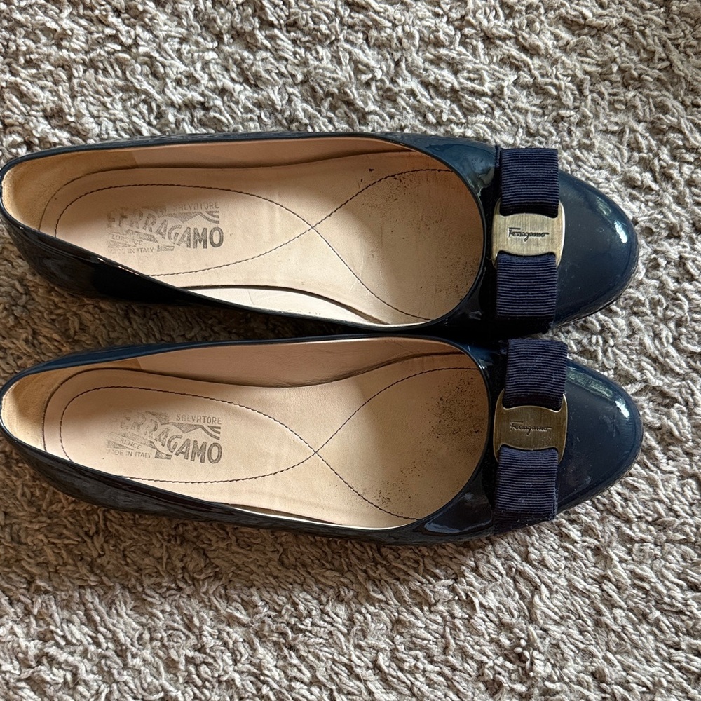 Salvatore Ferragamo Women's Navy Flats with Bow Accent